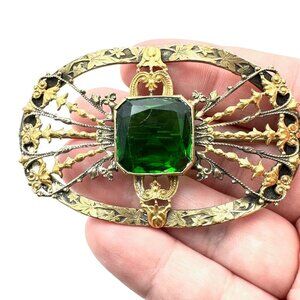 Antique GCH Hudson Co. Womans Brooch Green Czech Glass Gold Pin Art Nouveau